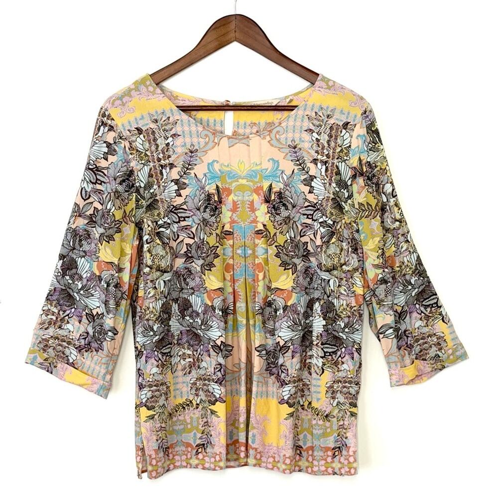 Soft Surroundings Boho Top Women M Floral Tunic Rayon 3/4 Sleeve Colorful Resort